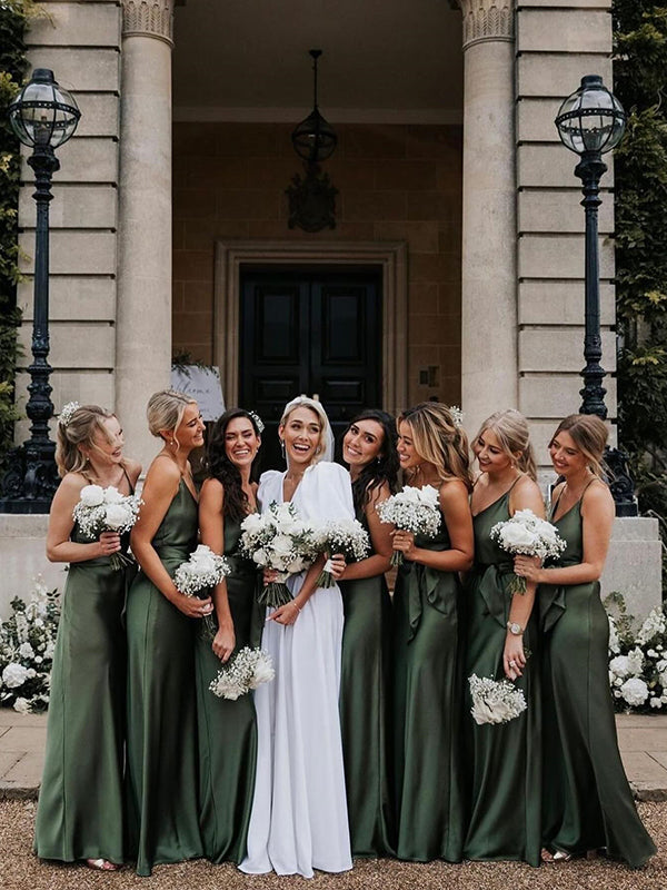 Simple Spaghetti Straps V-neck Satin Long Bridesmaid Dresses Online, B DaintyBridal Simple Spaghetti Straps V-neck Satin Long Bridesmaid Dresses Online, B DaintyBridal