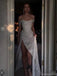 Sparkly White Off the Shoulder A-line Long Prom Dresses Evening Dress with Side Slit, OL962