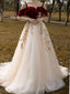Elegant Straps Red Off the Shoulder Applique Tulle A-line Long Prom Dresses Evening Dress, OL941