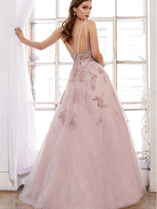 Elegant Straps V-neck Applique Tulle Backless A-line Long Prom Dresses Evening Dress, OL940