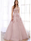 Elegant Straps V-neck Applique Tulle Backless A-line Long Prom Dresses Evening Dress, OL940