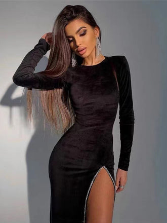 New Arrival Long Sleeves Velvet Black Long Prom Dresses with Side Slit, OL002