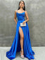 New Arrival Spaghetti Straps Sleeves A-line Royal Blue Long Prom Dresses with Side Slit, OL003