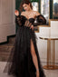 New Arrival Sweetheart A-line Long Sleeves Black Long Prom Dresses with Side Slit, OL004