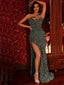 Sparkly One Shoulder Sequins Mermaid Long Dark Green Prom Dresses with Side Slit, OL006