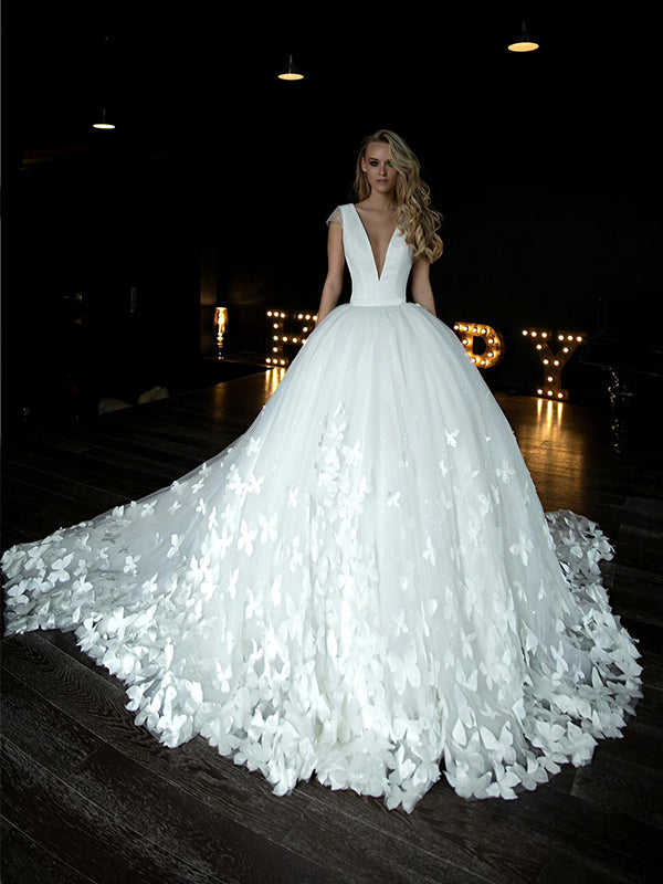Wedding Butterfly Dress Elegant V-neck A-line Satin Tulle White Butterfly Wedding Dresses Wedding Butterfly Dress Elegant V-neck A-line Satin Tulle White Butterfly Wedding Dresses