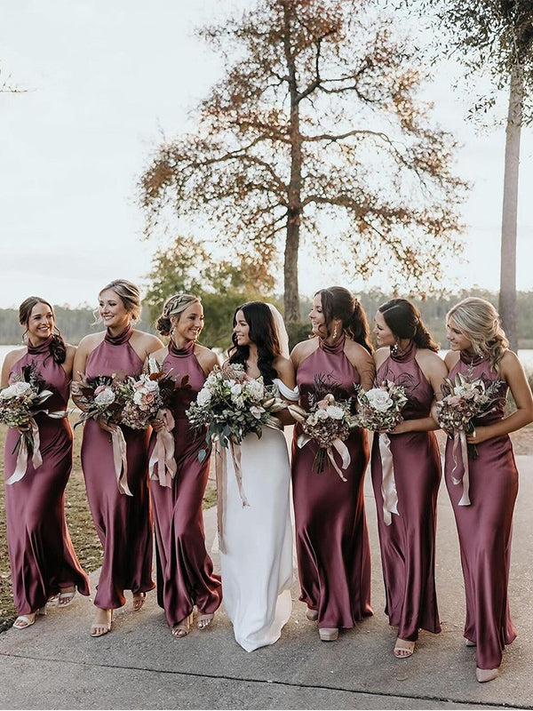 Simple Halter Mermaid Sleeveless Satin Purple Long Bridesmaid Dresses DaintyBridal Simple Halter Mermaid Sleeveless Satin Purple Long Bridesmaid Dresses DaintyBridal