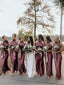 Simple Halter Mermaid Sleeveless Satin Purple Long Bridesmaid Dresses Online, BG401