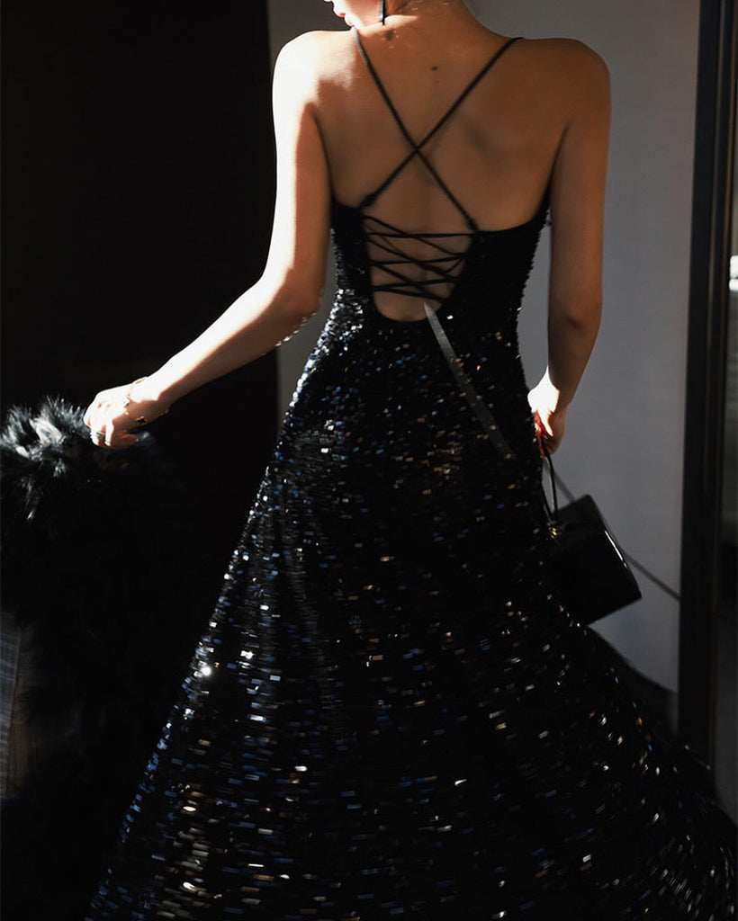 Sparkly A-line Spaghetti Straps V-neck Sequins Long Black Prom Dresses Online, OL989
