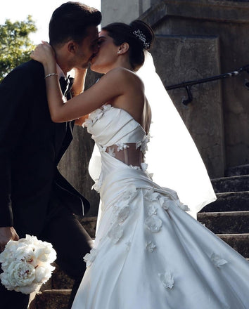 Elegant One Shoulder Applique A-line Satin White Wedding Dresses, WD0537