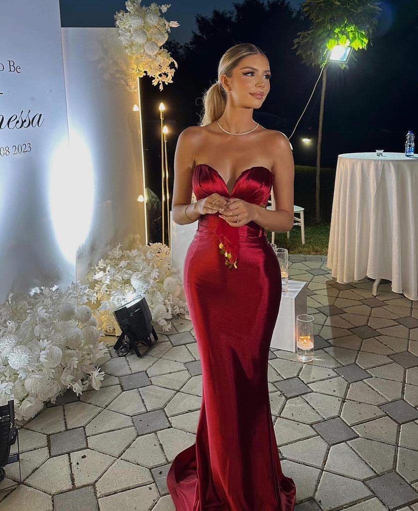 Elegant Sweetheart Mermaid Burgundy Satin Long Evening Prom Dress Online, OL025