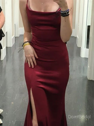 Stunning Side Slit Spaghetti Strap Square Soft Satin Burgundy Modern Mermaid Prom Dress, BG788