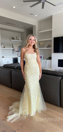 Elegant Spaghetti Straps Applique Yellow  Lace Up Maxi Long Mermaid Prom Dress , Evening Dress , BG805