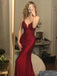 Simple Satin Spaghetti Straps V-neck Mermaid Long Burgundy Prom Dresses, OL013