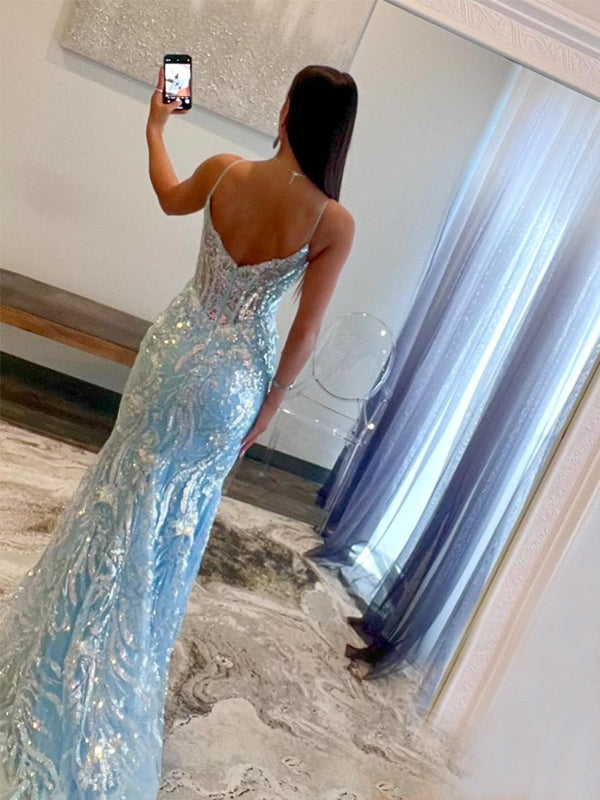 Sexy Mermaid Spaghetti Straps V-neck Sequins Blue Prom Dresses Online, DaintyBridal Sexy Mermaid Spaghetti Straps V-neck Sequins Blue Prom Dresses Online, DaintyBridal