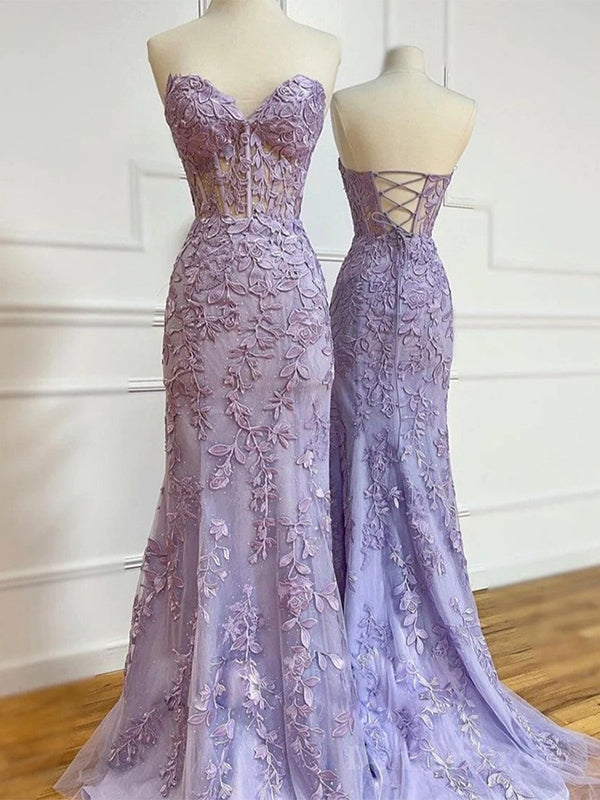 Sexy Sweetheart Mermaid Applique Lilac Evening Prom Dresses Online, OL017