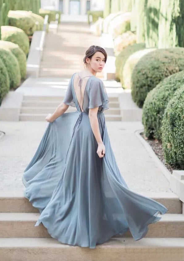 Simple Grey Chiffon Half Sleeves A-line Long Bridesmaid Dresses Online DaintyBridal Simple Grey Chiffon Half Sleeves A-line Long Bridesmaid Dresses Online DaintyBridal