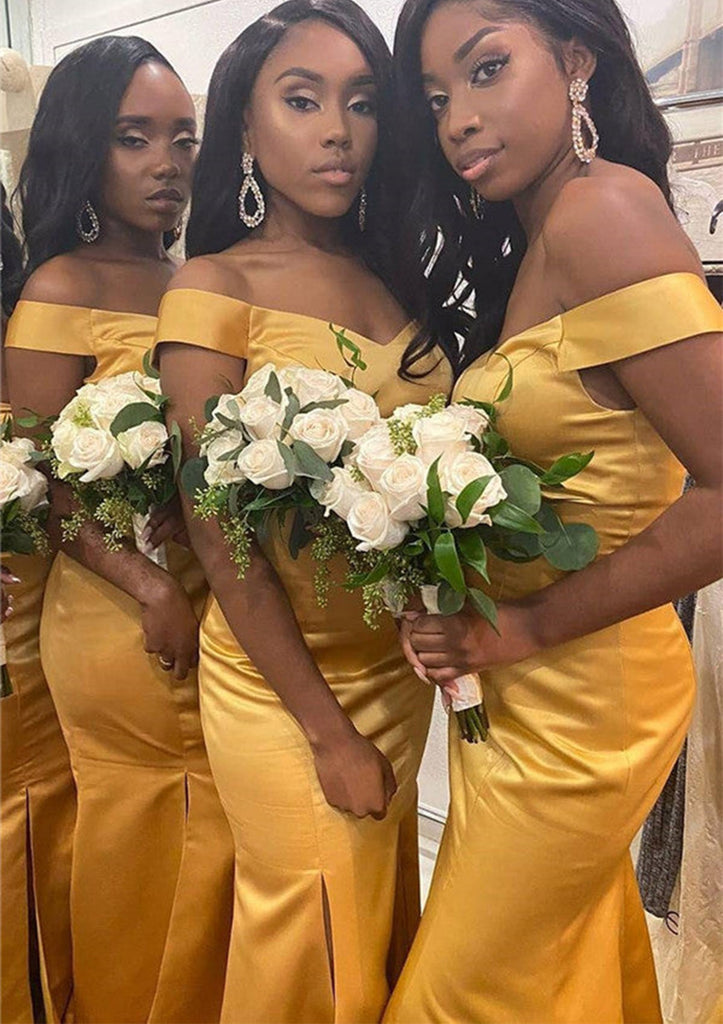 Simple Gold Off the Shoulder Mermaid Satin Long Bridesmaid Dresses with Side Slit, BG406