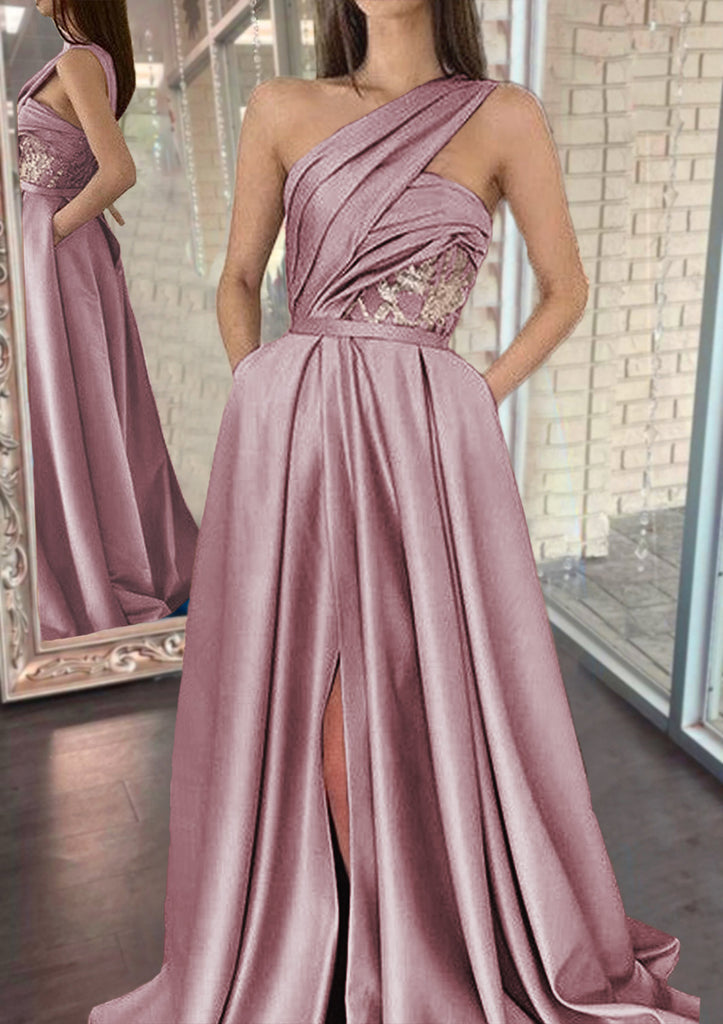 Gorgeous One Shoulder Dusty Rose A-line Evening Prom Dresses with Side Slit, OL020