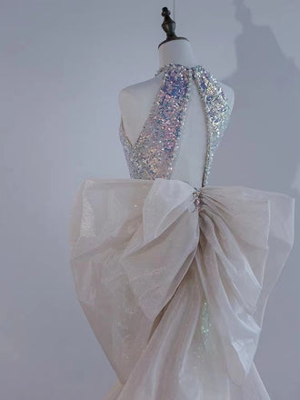 Sparkly Mermaid Halter Sequins Long Prom Dresses with Bowknot Trailing, OL994