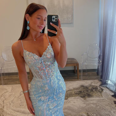 Sexy Mermaid Spaghetti Straps V-neck Sequins Blue Prom Dresses Online, OL009