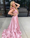 Elegant A-line Straps V-neck Satin Blush Prom Dresses with Side Slit, OL010