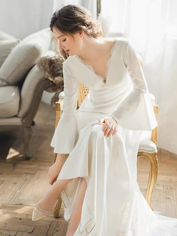 Elegant V-neck A-line Long Sleeves lace Wedding Dresses, WD0540