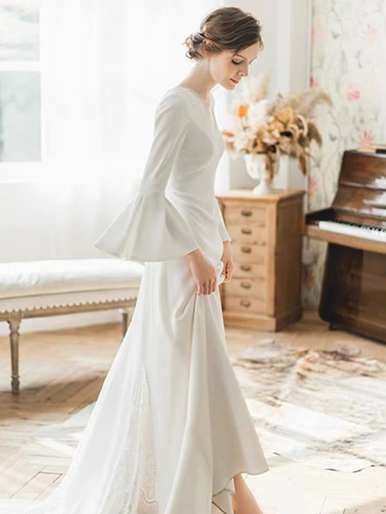 Elegant V-neck A-line Long Sleeves lace Wedding Dresses, WD0540
