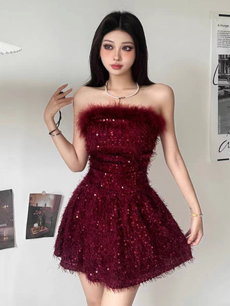 Sparkly Straight Neck A-line Burgundy Sequins Short Homecoming Dresses Online, HD0650