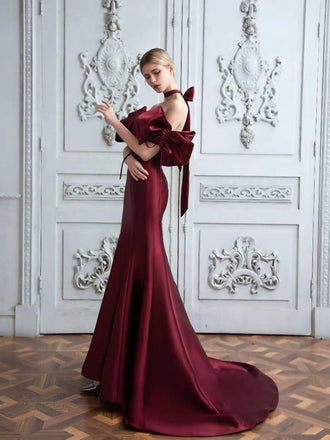 Gorgeous New Off the Shoulder Straight Neck Mermaid Long Satin Burgundy Prom Dresses, OL015