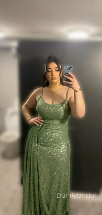 Sexy Spaghetti Strap Scoop Sequins Asymmetric Green Mermaid  Prom Dress , Evening Dress, BG791