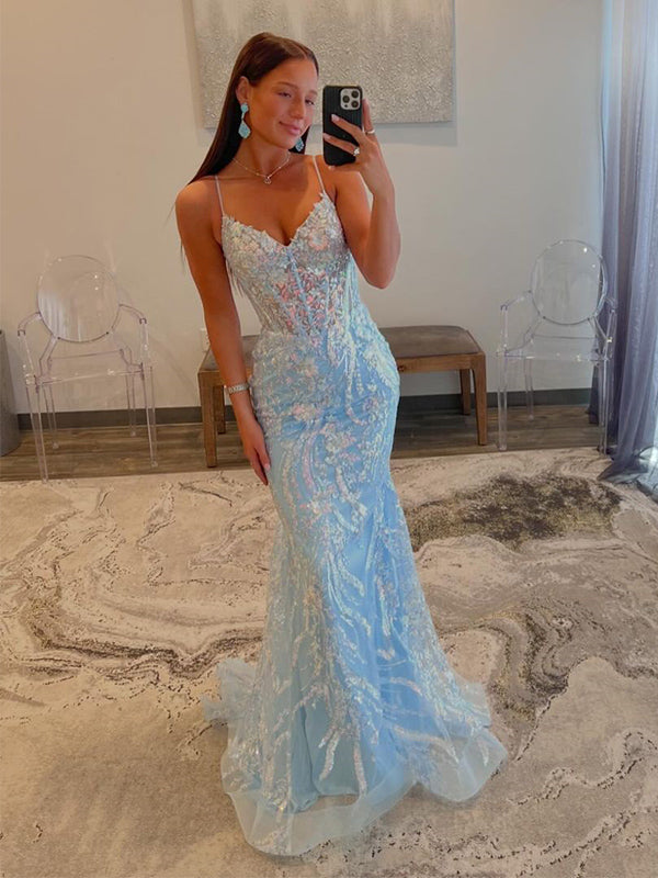 Sexy Mermaid Spaghetti Straps V-neck Sequins Blue Prom Dresses Online, DaintyBridal Sexy Mermaid Spaghetti Straps V-neck Sequins Blue Prom Dresses Online, DaintyBridal