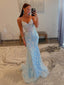 Sexy Mermaid Spaghetti Straps V-neck Sequins Blue Prom Dresses Online, OL009