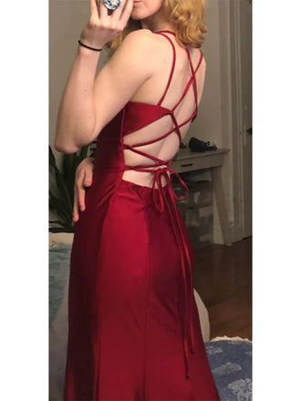 Simple Satin Spaghetti Straps V-neck Mermaid Long Burgundy Prom Dresses, OL013