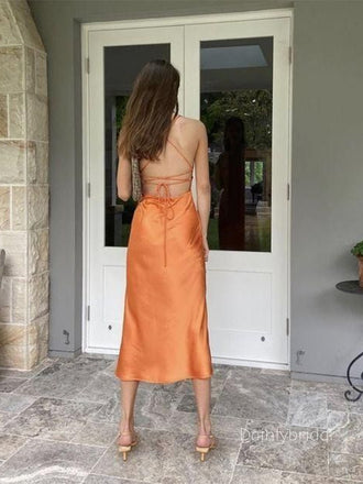 Sexy Spaghetti Straps Square Orange Lace Up Soft Satin Orange Midi Mermaid Prom Dress , Evening Dress , BG801