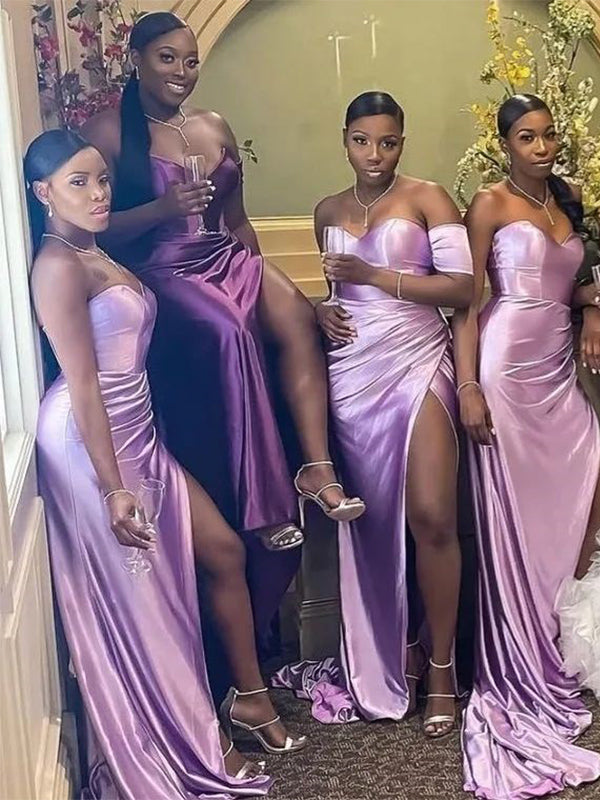 Elegant Mismatched Off Shoulder Sweetheart Mermaid Long Lilac Satin Br DaintyBridal Elegant Mismatched Off Shoulder Sweetheart Mermaid Long Lilac Satin Br DaintyBridal