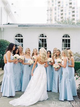Simple Column Straight Neck Side Slit Bridesmaid Dresses Online, BG350
