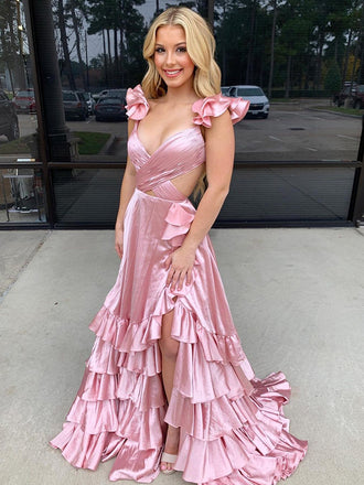 Elegant A-line Straps V-neck Satin Blush Prom Dresses with Side Slit, OL010