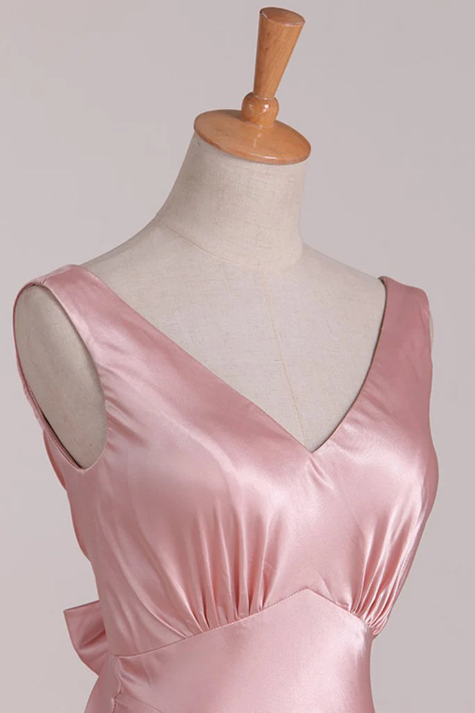 Elegant Sleeveless V-Neck A-line Satin Blulshing Pink Long Evening Prom Dress Online, OL028