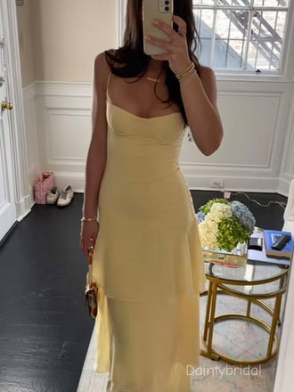 Elegant Spaghetti Straps V-neck Ruffle Yellow A-line Chiffon Chic Prom Dress , BG792