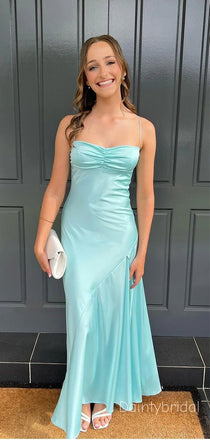 Chic Spaghetti Straps Sweetheart Side Slit Blue Soft Satin Mermaid Prom Dress, Evening Dress, BG 795