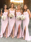 Simple Straps Mermaid Sleeveless Long Pink Bridesmaid Dress with Side Slit, BG286