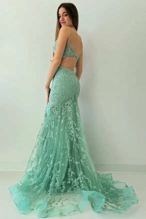 Charming Spaghetti Straps V-neck Mermaid Tulle Mint Green Long Evening Prom Dress Online, OL041