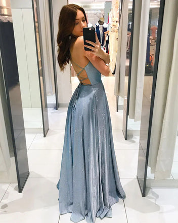 Sexy Deep V-neck A-line Spaghetti Straps Sleeveless Aqua Blue Long Evening Prom Dress, OL033