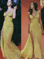 Sexy Spaghetti Straps Yellow Mermaid Side Slit Long Evening Prom Dress Online, OL045