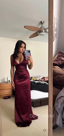 Simple V-neck Soft Satin Burgundy Maxi Long Mermaid Prom Dress , Evening Dress , BG812