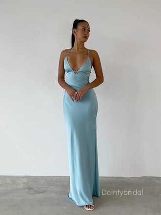 Sexy Spaghetti Straps V-Neck Blue Soft Satin Long Mermaid Prom Dress , Evening Dress , BG 797