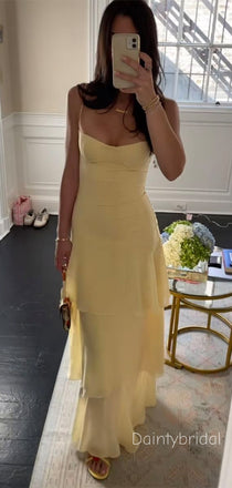 Elegant Spaghetti Straps V-neck Ruffle Yellow A-line Chiffon Chic Prom Dress , BG792