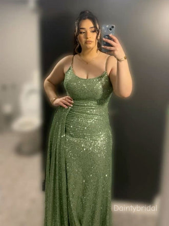 Sexy Spaghetti Strap Scoop Sequins Asymmetric Green Mermaid  Prom Dress , Evening Dress, BG791