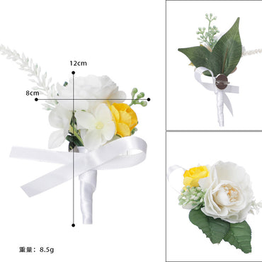 Wedding Men Boutonniere Groomsman Brooch Mori Flowers Green Leaves, CG6691